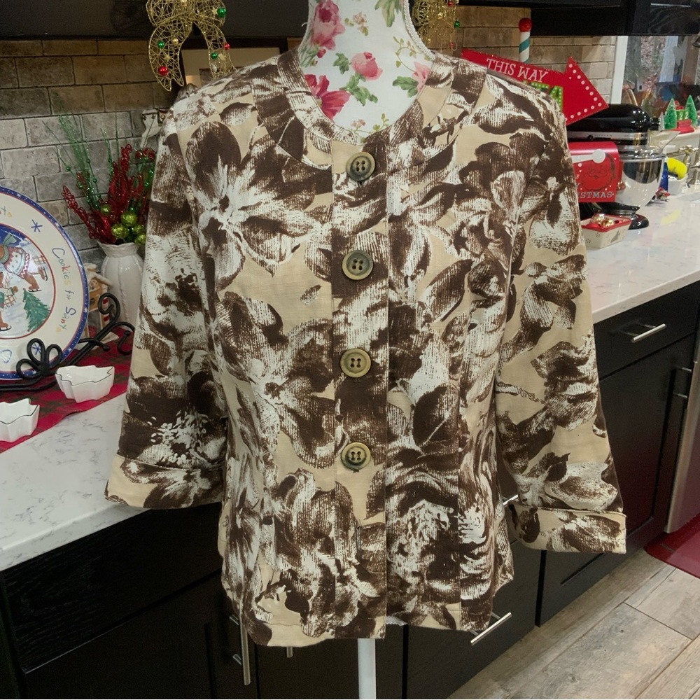 Coldwater Creek Linen Blend Floral Pattern Mandarin Collar 3/4 Sleeve Jacket 12